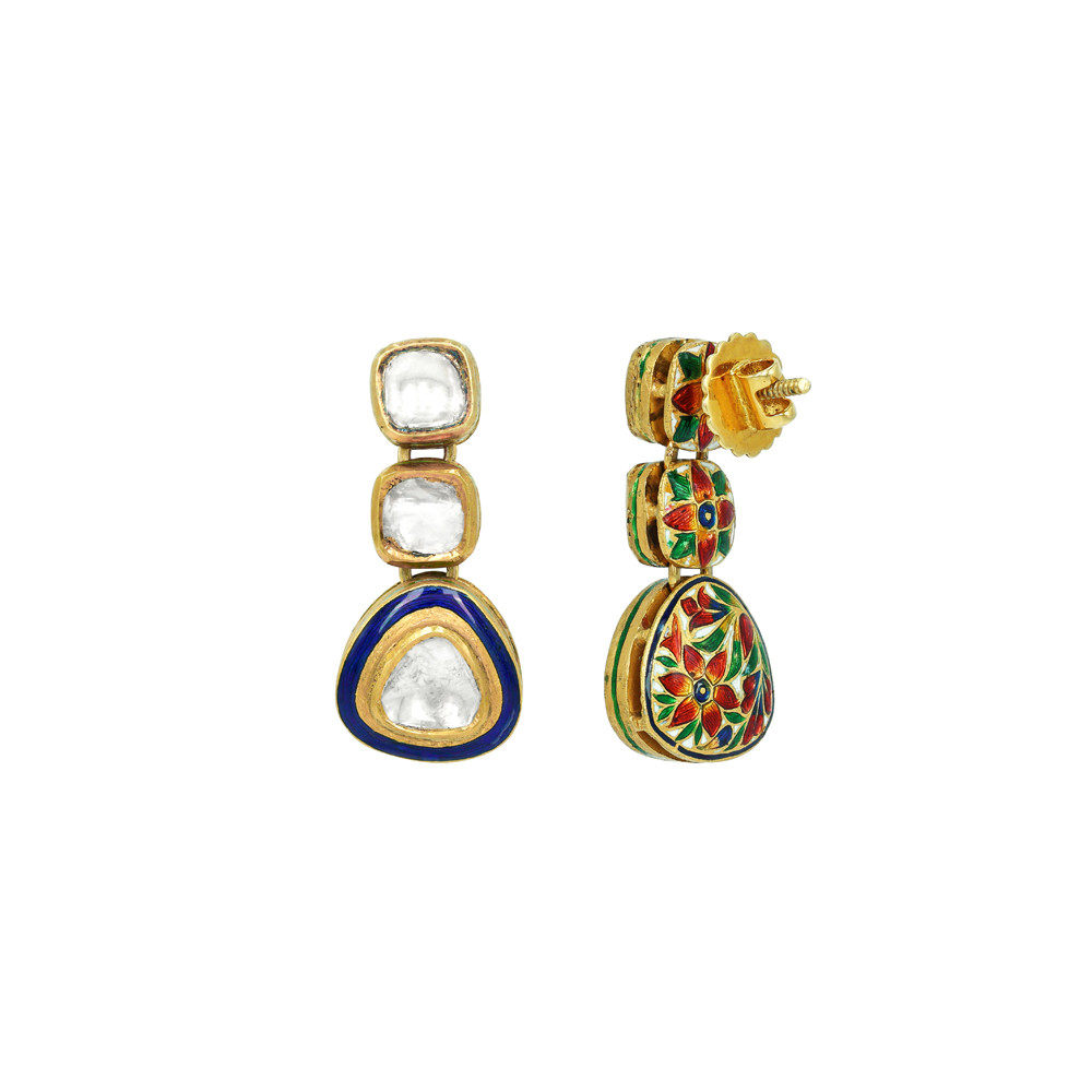 Triangle Polki Earrings with Blue Enamel
